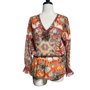 Mushka by Sienna Rose along Sleeve Sheer Orange Print Sheer Blouse M